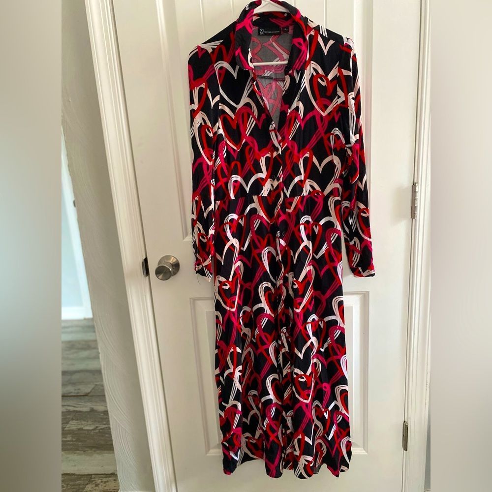 NY&C Button up maxi dress, black and red/pink, size M